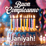 Birthday cake topped with pink and yellow lit candles, surrounded by glowing bokeh lights and party balloons. The greeting 'Buon Compleanno Janiyah GIF!' is displayed.