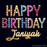 Vibrant luxury birthday greeting card for Janiyah, showing glittering gemstone letters and golden calligraphy on a dark background with twinkling shine effects.