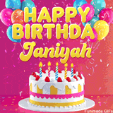 Pink-themed animated greeting with balloons, confetti, and a frosted cake under the message 'Happy Birthday Janiyah' in bold rounded yellow font.