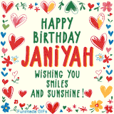 A colorful animated card for Janiyah’s birthday featuring playful hearts, cheerful flowers, and a handwritten message wishing smiles and sunshine.