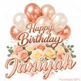Happy Birthday Janiyah animated GIF with elegant rose gold balloons and pink roses