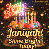 Close-up of a decorative chocolate cake with a glowing neon Happy Birthday sign and warm candle flames, made for Janiyah.
