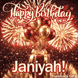 Close-up of gold fireworks exploding in the background of a customized gift box with a golden bow. Visible name: Janiyah
