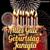 A chocolate birthday cake with glowing candles, the German text 'Alles Gute zum Geburtstag Janiyla,' and vibrant fireworks lighting up the background in an animated GIF.
