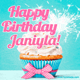 A festive cupcake with pink icing, a gingham bow, and a lit animated sparkler, paired with 'Happy Birthday Janiyla!' in bright pink text.