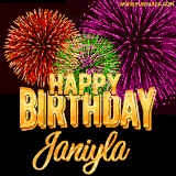 A golden 'Happy Birthday Janiyla' message with vibrant fireworks in the background, creating a festive and celebratory vibe in this animated name GIF.