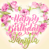 A stunning heart made of pink roses surrounds the elegant script text 'Happy Birthday Janiyla' on a soft beige background. Animated sparkles add a magical and festive feel.