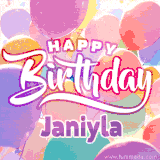 A vibrant name GIF featuring colorful balloons in shades of pink, orange, and yellow with the bold text 'Happy Birthday Janiyla' in festive fonts, creating a lively birthday vibe.
