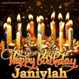 A glowing personalized birthday GIF with name Janiylah featuring lit candles with intricate designs, warm lighting, and the text 'Happy Birthday' in an elegant font.