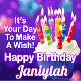 A colorful birthday GIF for Janiylah featuring a cupcake with vibrant lit candles and the text 'It's Your Day to Make a Wish! Happy Birthday Janiylah' in bold letters on a festive purple background.