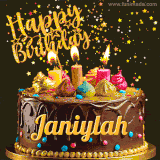 A delightful chocolate birthday cake with bright candles and 'Happy Birthday Janiylah' written in gold amidst a shower of animated stars.