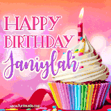 A vibrant birthday GIF featuring a rainbow-colored cupcake topped with white frosting, sprinkles, and a lit candle. The text reads 'Happy Birthday Janiylah' in bold pink and violet letters with white outline.