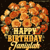 Animated bouquet of orange roses with moving butterfles and golden 'Happy Birthday Janiylah' text, surrounded by sparkling accents and a dark backdrop for a luxurious feel.