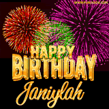 A golden 'Happy Birthday Janiylah' message with vibrant fireworks in the background, creating a festive and celebratory vibe in this animated name GIF.