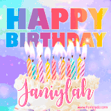 A vibrant animated name GIF with the words 'Happy Birthday Janiylah' with colorful candles on a creamy cake. The background sparkles with pastel shades, adding a festive touch.