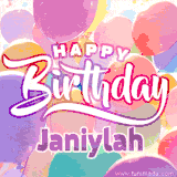 A vibrant name GIF featuring colorful balloons in shades of pink, orange, and yellow with the bold text 'Happy Birthday Janiylah' in festive fonts, creating a lively birthday vibe.