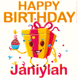 A vibrant and funny gift box character with a happy face dancing with a cupcake and the text 'Happy Birthday Janiylah,' surrounded by animated confetti and party vibes.