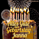 A chocolate birthday cake with glowing candles, the German text 'Alles Gute zum Geburtstag Janna,' and vibrant fireworks lighting up the background in an animated GIF.
