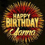 Golden 'Happy Birthday Janna' text accompanied by animated rainbow fireworks for a festive animated greeting.