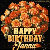 Animated bouquet of orange roses with moving butterfles and golden 'Happy Birthday Janna' text, surrounded by sparkling accents and a dark backdrop for a luxurious feel.