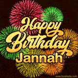 Golden text reading 'Happy Birthday Jannah' surrounded by vibrant fireworks in red, green, and yellow, set against a dark background in this celebratory birthday GIF.