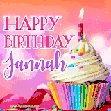 A vibrant birthday GIF featuring a rainbow-colored cupcake topped with white frosting, sprinkles, and a lit candle. The text reads 'Happy Birthday Jannah' in bold pink and violet letters with white outline.