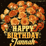 Animated bouquet of orange roses with moving butterfles and golden 'Happy Birthday Jannah' text, surrounded by sparkling accents and a dark backdrop for a luxurious feel.