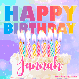 A vibrant animated name GIF with the words 'Happy Birthday Jannah' with colorful candles on a creamy cake. The background sparkles with pastel shades, adding a festive touch.