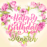 A stunning heart made of pink roses surrounds the elegant script text 'Happy Birthday Jannah' on a soft beige background. Animated sparkles add a magical and festive feel.
