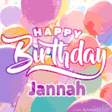 A vibrant name GIF featuring colorful balloons in shades of pink, orange, and yellow with the bold text 'Happy Birthday Jannah' in festive fonts, creating a lively birthday vibe.