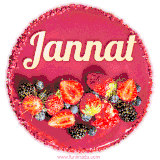 Beautifully decorated red velvet berry birthday cake with vibrant fruits and a glowing 'Jannat' name, adding a touch of sweetness and sparkle.