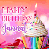 A vibrant birthday GIF featuring a rainbow-colored cupcake topped with white frosting, sprinkles, and a lit candle. The text reads 'Happy Birthday Jannat' in bold pink and violet letters with white outline.