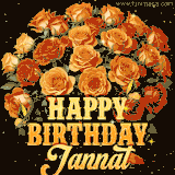 Animated bouquet of orange roses with moving butterfles and golden 'Happy Birthday Jannat' text, surrounded by sparkling accents and a dark backdrop for a luxurious feel.