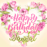 A stunning heart made of pink roses surrounds the elegant script text 'Happy Birthday Jannat' on a soft beige background. Animated sparkles add a magical and festive feel.