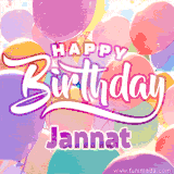 A vibrant name GIF featuring colorful balloons in shades of pink, orange, and yellow with the bold text 'Happy Birthday Jannat' in festive fonts, creating a lively birthday vibe.