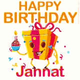 A vibrant and funny gift box character with a happy face dancing with a cupcake and the text 'Happy Birthday Jannat,' surrounded by animated confetti and party vibes.