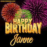 A golden 'Happy Birthday Janne' message with vibrant fireworks in the background, creating a festive and celebratory vibe in this animated name GIF.
