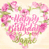 A stunning heart made of pink roses surrounds the elegant script text 'Happy Birthday Janne' on a soft beige background. Animated sparkles add a magical and festive feel.