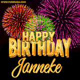 A golden 'Happy Birthday Janneke' message with vibrant fireworks in the background, creating a festive and celebratory vibe in this animated name GIF.