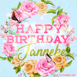 A charming animated GIF featuring 'Happy Birthday Janneke' in pink and green text, surrounded by delicate roses, leaves, and fluttering butterflies on a soft light blue pastel background.