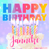 A vibrant animated name GIF with the words 'Happy Birthday Janneke' with colorful candles on a creamy cake. The background sparkles with pastel shades, adding a festive touch.
