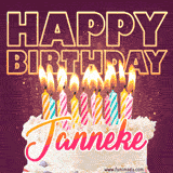 A colorful birthday cake topped with lit candles, with the words 'Happy Birthday Janneke' in bold glowing letters on a burgundy background. Animated flames add a festive touch.