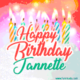 Bright birthday candles with rainbow flames on a cake, alongside the text 'Happy Birthday Jannette' in vibrant script in this celebratory animated GIF.