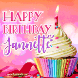 A vibrant birthday GIF featuring a rainbow-colored cupcake topped with white frosting, sprinkles, and a lit candle. The text reads 'Happy Birthday Jannette' in bold pink and violet letters with white outline.