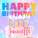 A vibrant animated name GIF with the words 'Happy Birthday Jannette' with colorful candles on a creamy cake. The background sparkles with pastel shades, adding a festive touch.
