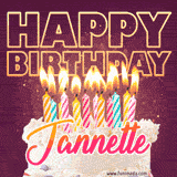 A colorful birthday cake topped with lit candles, with the words 'Happy Birthday Jannette' in bold glowing letters on a burgundy background. Animated flames add a festive touch.