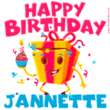 A vibrant and funny gift box character with a happy face dancing with a cupcake and the text 'Happy Birthday Jannette,' surrounded by animated confetti and party vibes.
