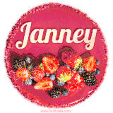 Beautifully decorated red velvet berry birthday cake with vibrant fruits and a glowing 'Janney' name, adding a touch of sweetness and sparkle.