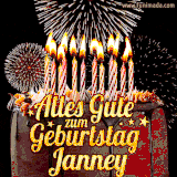 A chocolate birthday cake with glowing candles, the German text 'Alles Gute zum Geburtstag Janney,' and vibrant fireworks lighting up the background in an animated GIF.