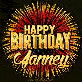 Golden 'Happy Birthday Janney' text accompanied by animated rainbow fireworks for a festive animated greeting.